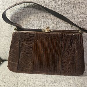 Chic Brown Lizard Skin Hand Bag Vintage 50's To 60's Goldtone Hardware